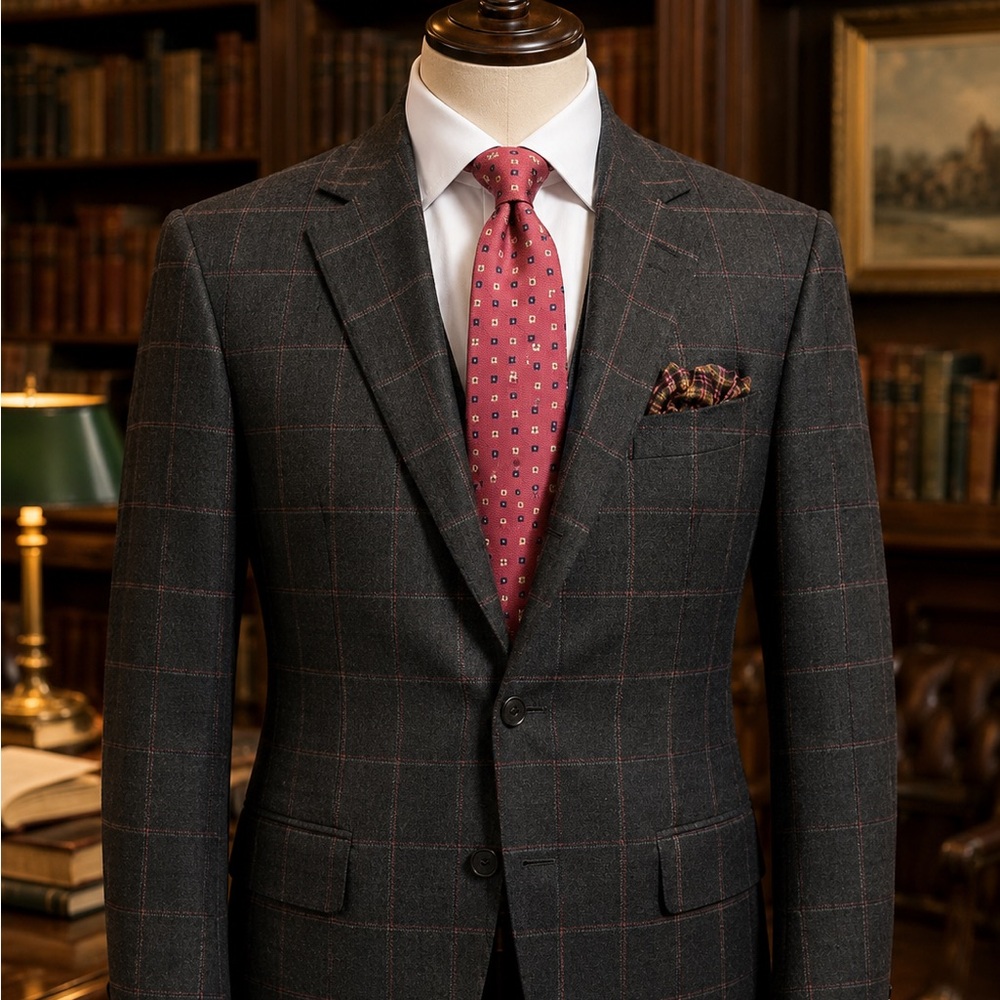 Kiton Cashmere Charcoal Windowpane Blazer with Luxury Wool Tie & Kiton Pocket Sq
